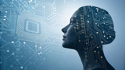Obraz premium Futuristic AI Woman Profile Circuit Board Overlay Digital Technology Concept
