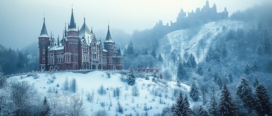 Obraz premium Snowy Magic Castle: Winter Mountain Woodland 