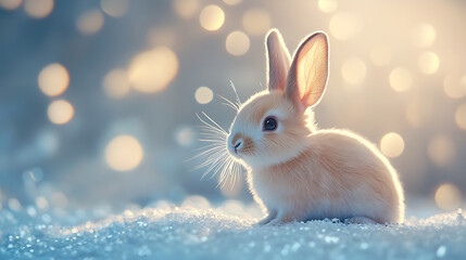 A cute little rabbit is sitting on a snowy surface