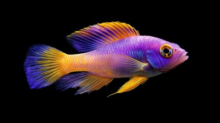 A striking royal gramma fish with bold purple and yellow hues swimming peacefully.