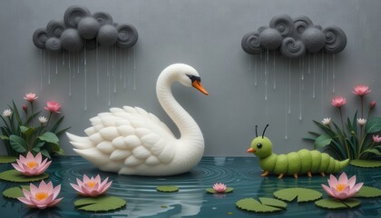 Serene Swan and Caterpillar in Rainy Pond Scene Whimsical Illustration