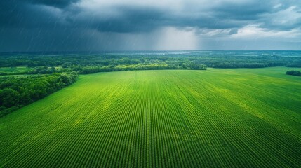 Lush green fields stretch endlessly beneath a tempestuous sky as dark clouds gather. Raindrops begin to fall, painting a serene yet dynamic rural panorama at dusk
