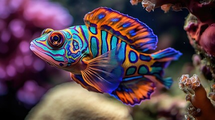 A beautiful mandarin fish with intricate patterns and psychedelic colors swimming near a coral reef.