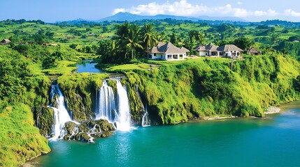 Lush green landscape with waterfall and villas.