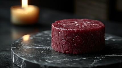 Red cylinder with pattern atop dark marble, candle blurred in background