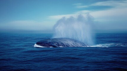 Naklejka premium A blue whale exhaling a giant misty spout of water as it breaks the ocean surface.