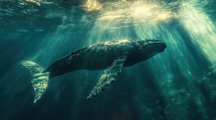 Fototapeta premium A breathtaking close-up of a blue whale gliding beneath the ocean surface, sunlight filtering through the water.