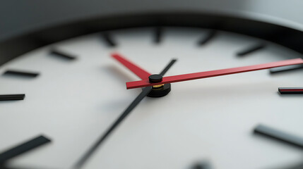 A clock with a red and white face showing the time as 3:00