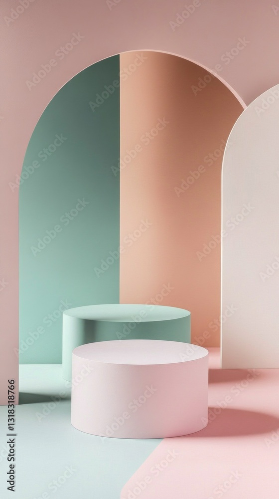 Poster Pastel-colored walls intersect with smooth arches, forming a calm and inviting setting. Circular shapes emerge, enhancing the playful yet elegant aesthetic that captivates the viewer