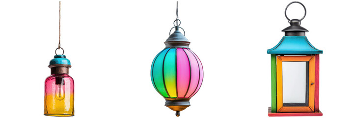 Fototapeta premium Colorful hanging lanterns. Decorative lighting for home decor and festive occasions.