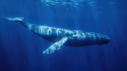 Fototapeta premium A breathtaking side profile of a blue whale, its massive form contrasting against the deep blue sea.