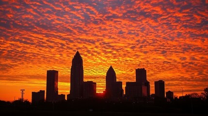 A silhouette of skyscrapers against a fiery sunset sky