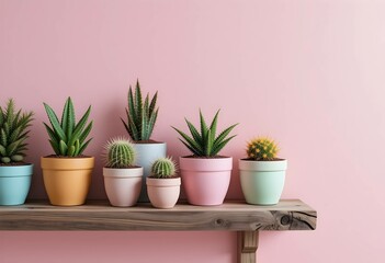 Obraz premium colorful collection of succulent and cactus plants in pastel pots on wooden shelf against pink wall. perfect for modern botanical and indoor home decor
