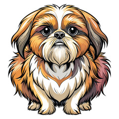 A fluffy Pekingese dog, round face, thick luxurious fur, expressive eyes, (1)  joyful expression.