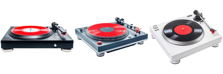 Three turntables with vinyl records. Concept of music, DJ, and audio equipment.
