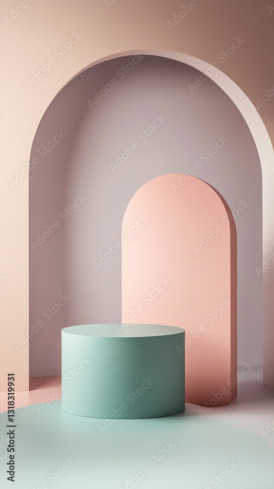 Poster soft pastel colors come together in a tranquil setting featuring round and arch-shaped forms. an inv