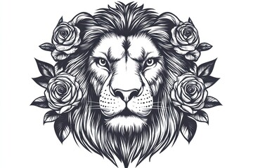 Fototapeta premium Majestic lion head, roses, tattoo design, white background, graphic art