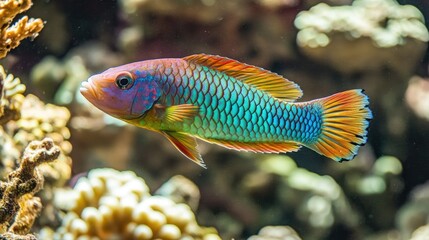 Obraz premium A colorful wrasse fish darting through the coral, its scales displaying a rainbow of hues.