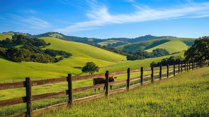 A dairy cow standing near a wooden fence, with rolling green hills and a bright blue sky behind it.