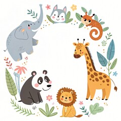 Adorable Cartoon Animals Circle Frame Elephant Panda Lion Giraffe Husky Squirrel Illustration