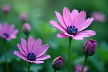 Exotic pink and blue flowers blooming in the wild, stem, blue