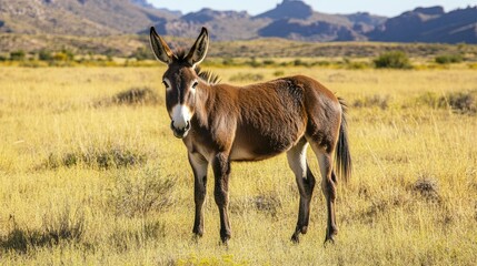 Obraz premium A donkey standing in a sunny pasture, its ears perked up as it gazes at the camera with a calm and friendly expression.
