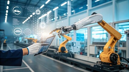 Industrial Automation Robotic Arm and Human Collaboration on Digital Tablet in Smart Factory