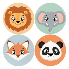 Fototapeta premium Adorable Cartoon Animal Faces Lion Elephant Fox Panda Perfect for Kids Projects