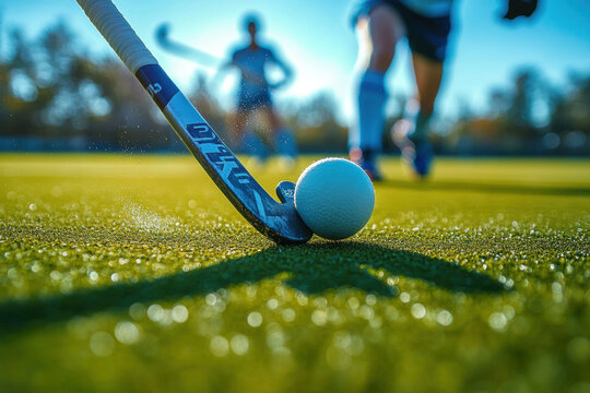 Close up of field hockey stick striking ball on sunny day, showcasing action and excitement of game. vibrant green turf adds to dynamic atmosphere - Powered by Adobe