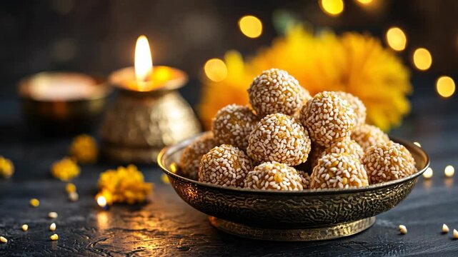 Til Ke Laddu, tasty sweet snack Indian treat and a small brass oil lamp 