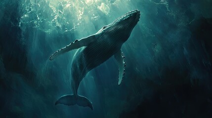 Fototapeta premium A humpback whale singing underwater, its deep, melodic sounds resonating through the ocean.