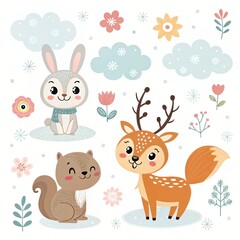 Obraz premium Adorable Winter Animals Cute Bunny Reindeer and Squirrel Illustration