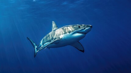 Naklejka premium A majestic great white shark swimming gracefully through the deep blue ocean, its powerful body cutting through the water.