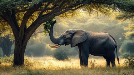 Fototapeta premium A massive elephant using its trunk to pull leaves from a tall tree, feeding in its natural habitat.