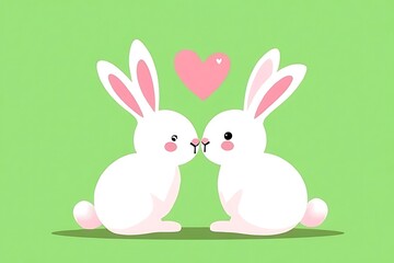 Obraz premium Cute rabbits kissing in a loving pose green background illustration playful romantic concept