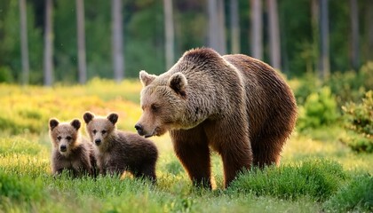 Fototapeta premium Brown bear, ursus arctos, mother with two cubs on green meadow. Generated image