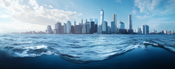 Fototapeta premium A coastal city skyline merges with a vast expanse of ocean waters