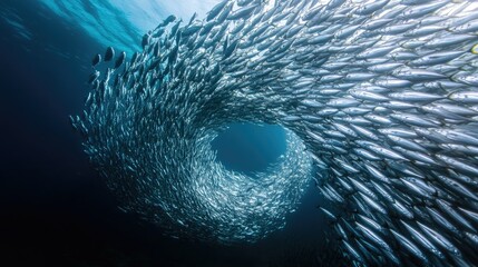 A massive school of sardines forming a swirling tornado shape as they move in harmony.