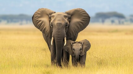 Obraz premium A mother elephant shielding her calf with her large ears, standing protectively in a grassy plain.