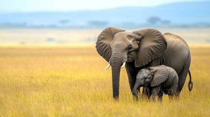 Naklejka premium A mother elephant shielding her calf with her large ears, standing protectively in a grassy plain.