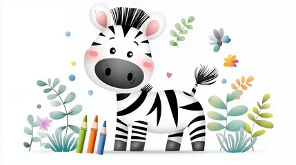 Adorable Cartoon Zebra with Colored Pencils and Floral Background