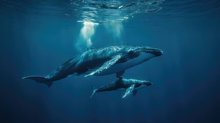 Fototapeta premium A mother whale swimming gently with her calf, a heartwarming moment in the vast underwater world.