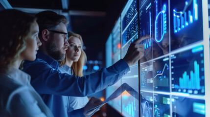 Team Analyzing Data on Multiple Screens While Interacting with a Futuristic Network Display