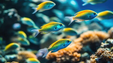 Obraz premium A playful school of damselfish in shades of blue, yellow, and green darting among corals.