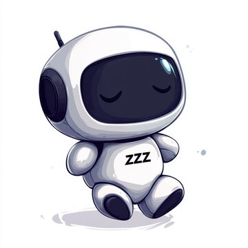 Cute chibi robot sleeping with low battery sign, adorable design