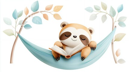 Obraz premium Adorable Sloth Napping in a Blue Hammock with Watercolor Leaves