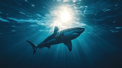 Fototapeta premium A silhouette of a great white shark swimming near the ocean surface, sunlight creating a dramatic effect.