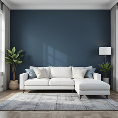 A living room with a dark blue wall, a white sofa, and a gray rug