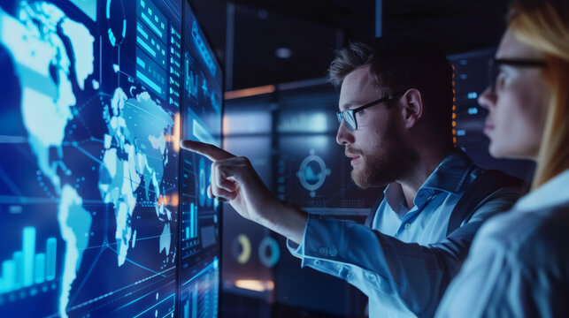 Glass Man Focused on Multiple Screens While Interacting with a Futuristic Network Display