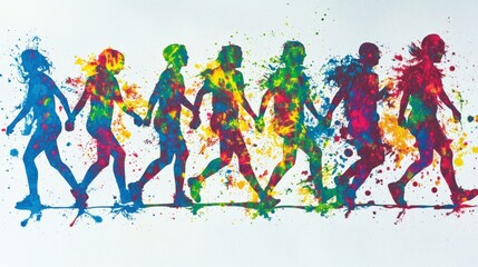 Cheerful People in Colorful Tie-Dye Outfits on White Background